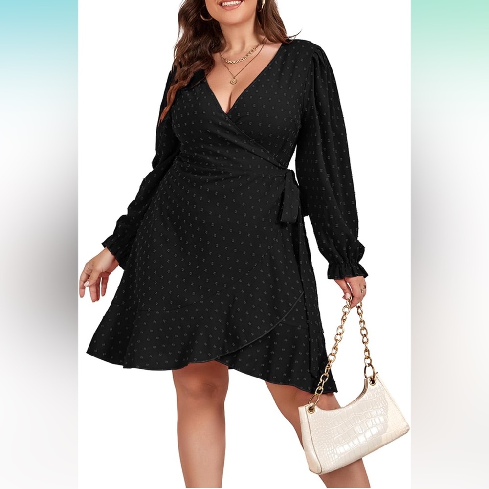 NWOT Plus Size Long Sleeve Wrap Dress Swiss Dots V Neck and Belt
